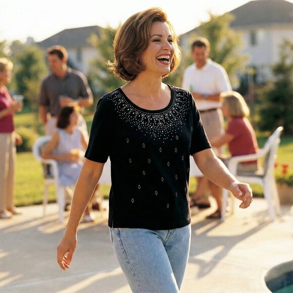 Karen Scott Tops - Karen Scott XL Navy Embellished Rhinestone Top Classic Holiday Evening Knit